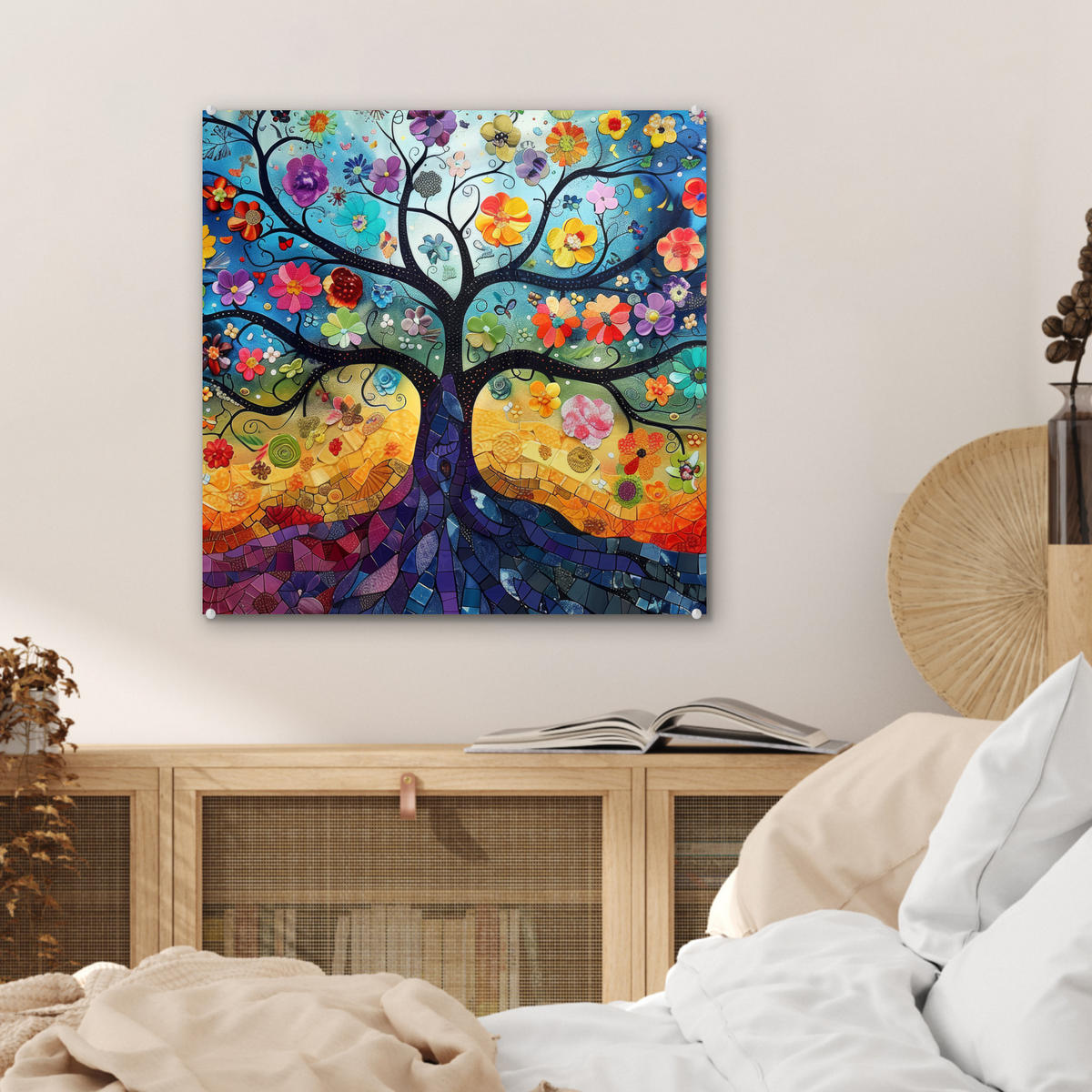 OBRAZ NA AKRYLOVOM SKLE Umenie - Strom života - Kvety - Hippie 50x50 cm - tmavomodrá, sklo (50/50cm) - MuchoWow