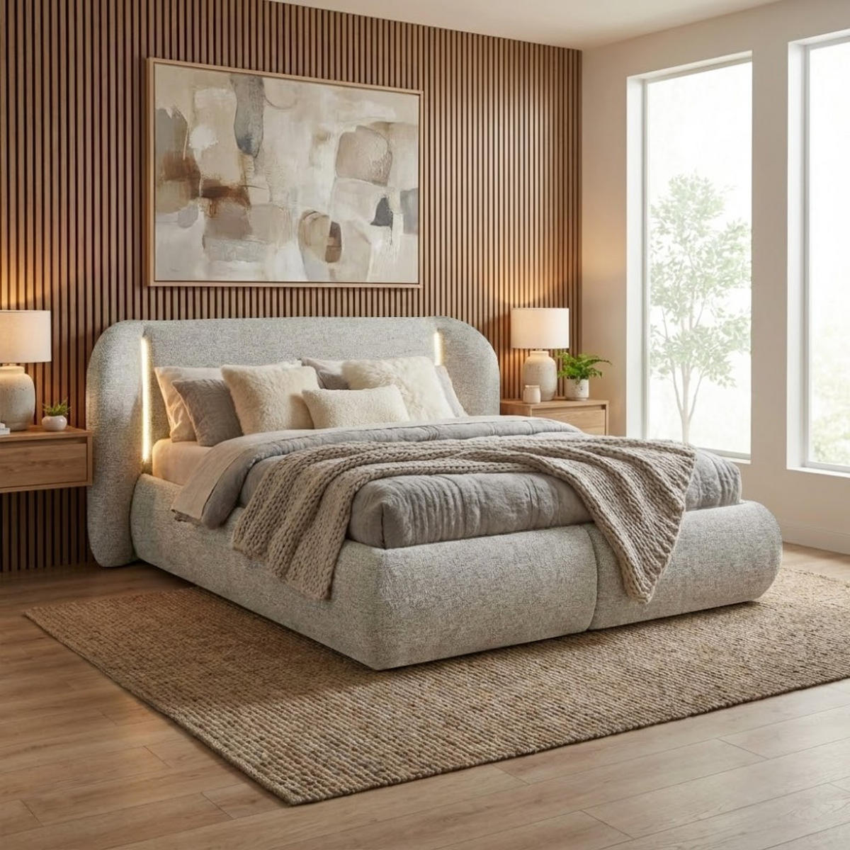 POLSTERBETT Corfu mit LED-Beleuchtung, mit Bettkasten, rundliche Formen, 140x200, Cappuccino - Cappuccino, Textil/Metall (140/200cm) - Beautysofa