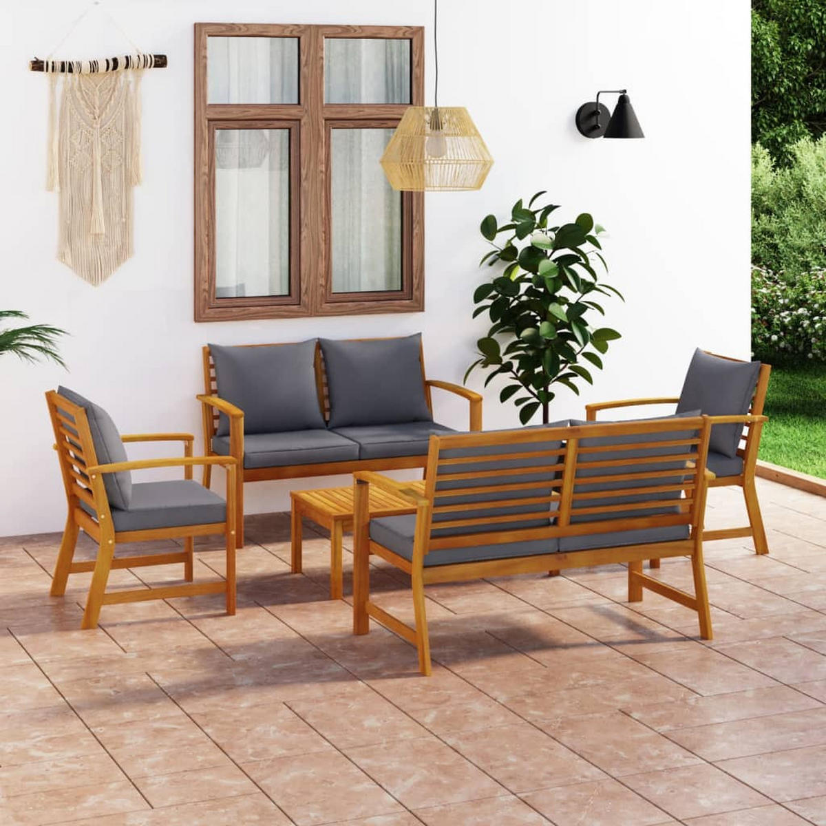 GARTEN-LOUNGE-SET 5Er Set Mit Auflagen Massivholz Akazie - Grau, Holz - vidaXL
