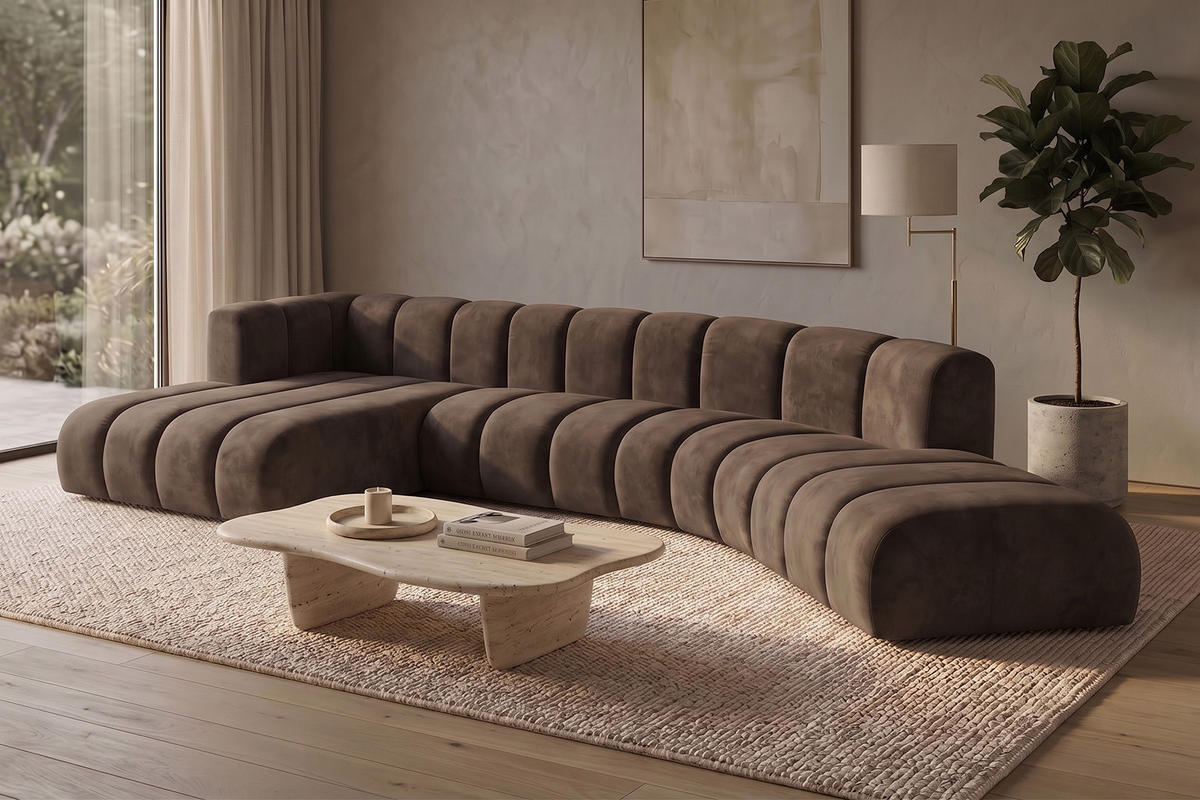 ECKSOFA Modulares In L-Form, Velvet-Stoff Riviera, Braun, Links, GRAND Round - Braun, Holz (445/179cm) - Kaiser Möbel