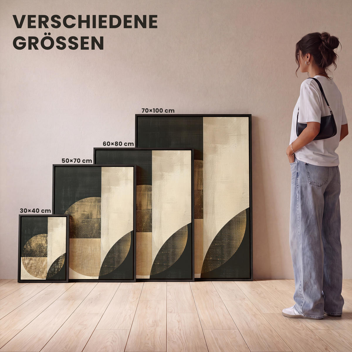 LEINWAND Bilder mit Rahmen - Abstrakt - Geometrische Formen - Schwarz - Gold - 50x70 - Ecru, Textil (50/70cm) - MuchoWow