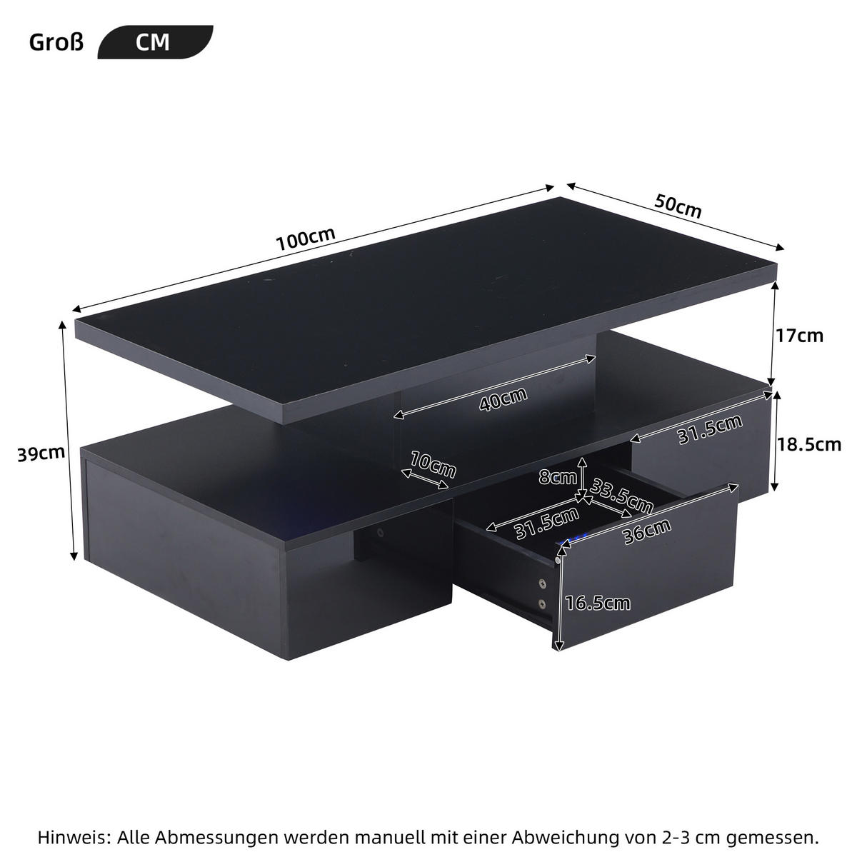 COUCHTISCH 100/50/39 cm schwarz mit LED-Beleuchtung 2-stufiger Stauraum - Schwarz, Holzwerkstoff (100/50/39cm) - OKWISH