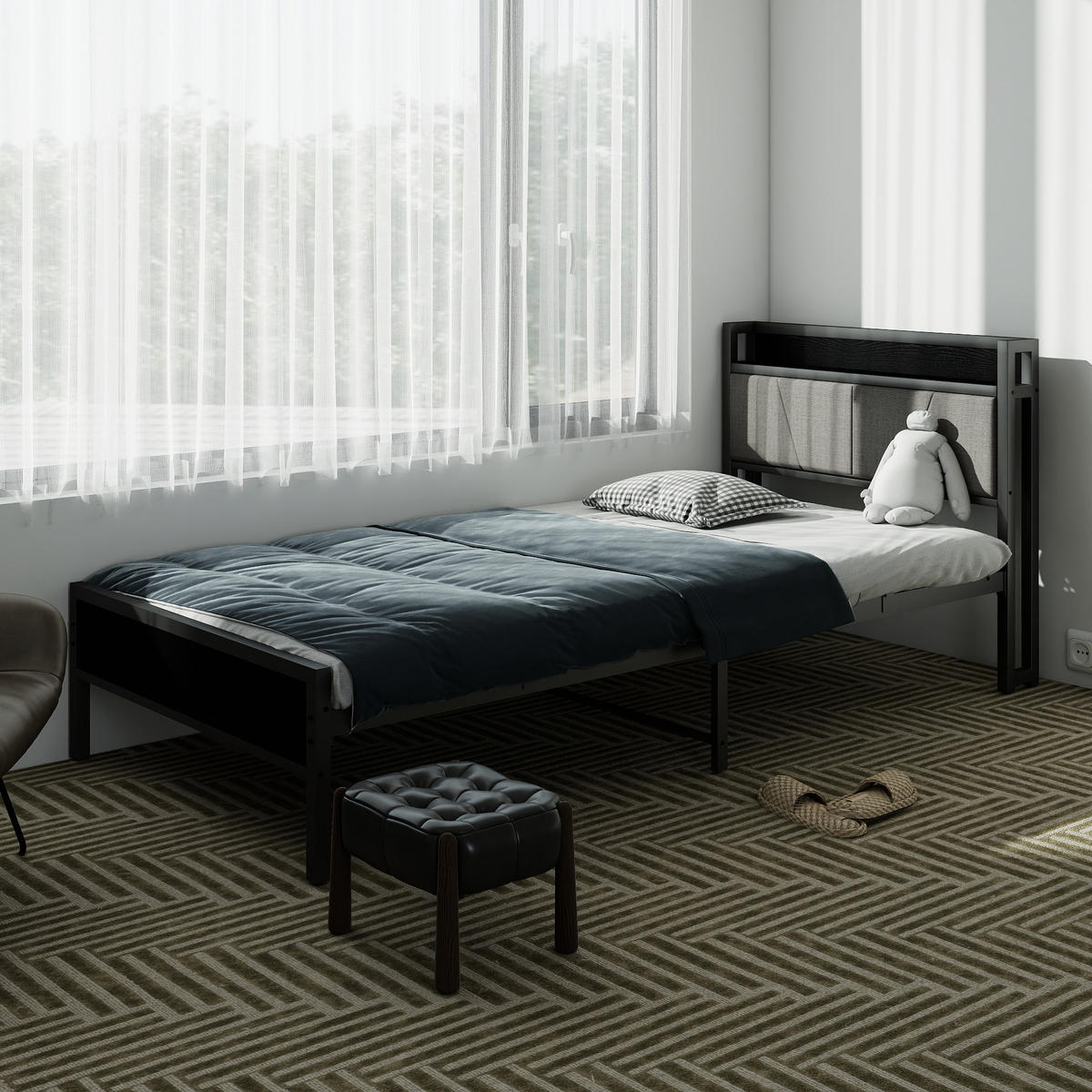 METALLBETT 90/200 cm Schwarz mit Stauraum-Kopfteil mit 2 USB-Ladeanschlüssen - Schwarz, Metall (90/200cm) - OKWISH