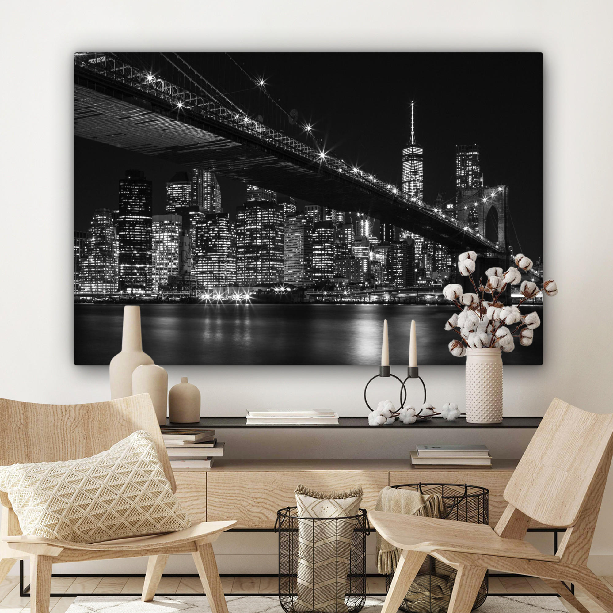 LEINWANDBILD New York - Brooklyn - Brücke Groß 140x90 cm - Schwarz, Textil (140/90cm) - MuchoWow