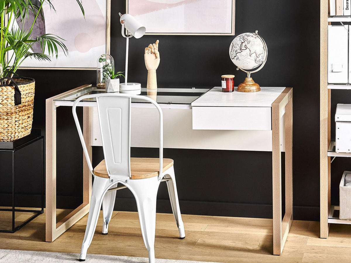 SCHREIBTISCH weiß/heller Holzfarbton 120/60/75 cm Jenks - Weiß, Holzwerkstoff (60/120/75cm) - Beliani