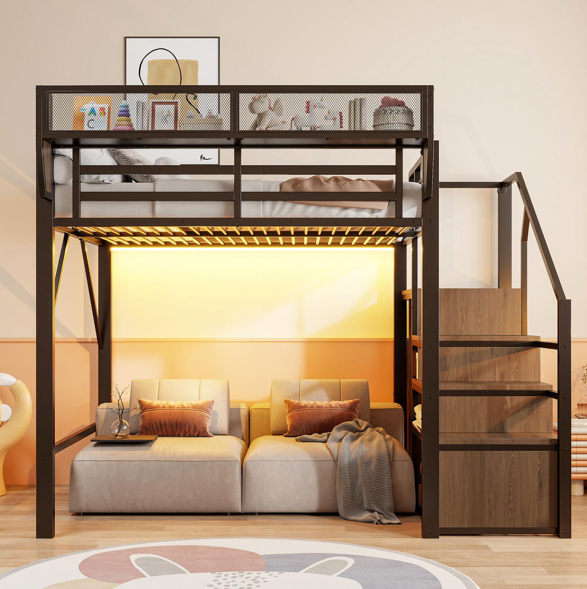 HOCHBETT 140/200 cm Schwarz mit LED und Sicherheitsleiter ohne Matratze - Schwarz, Metall (140/200cm) - MIVRAY