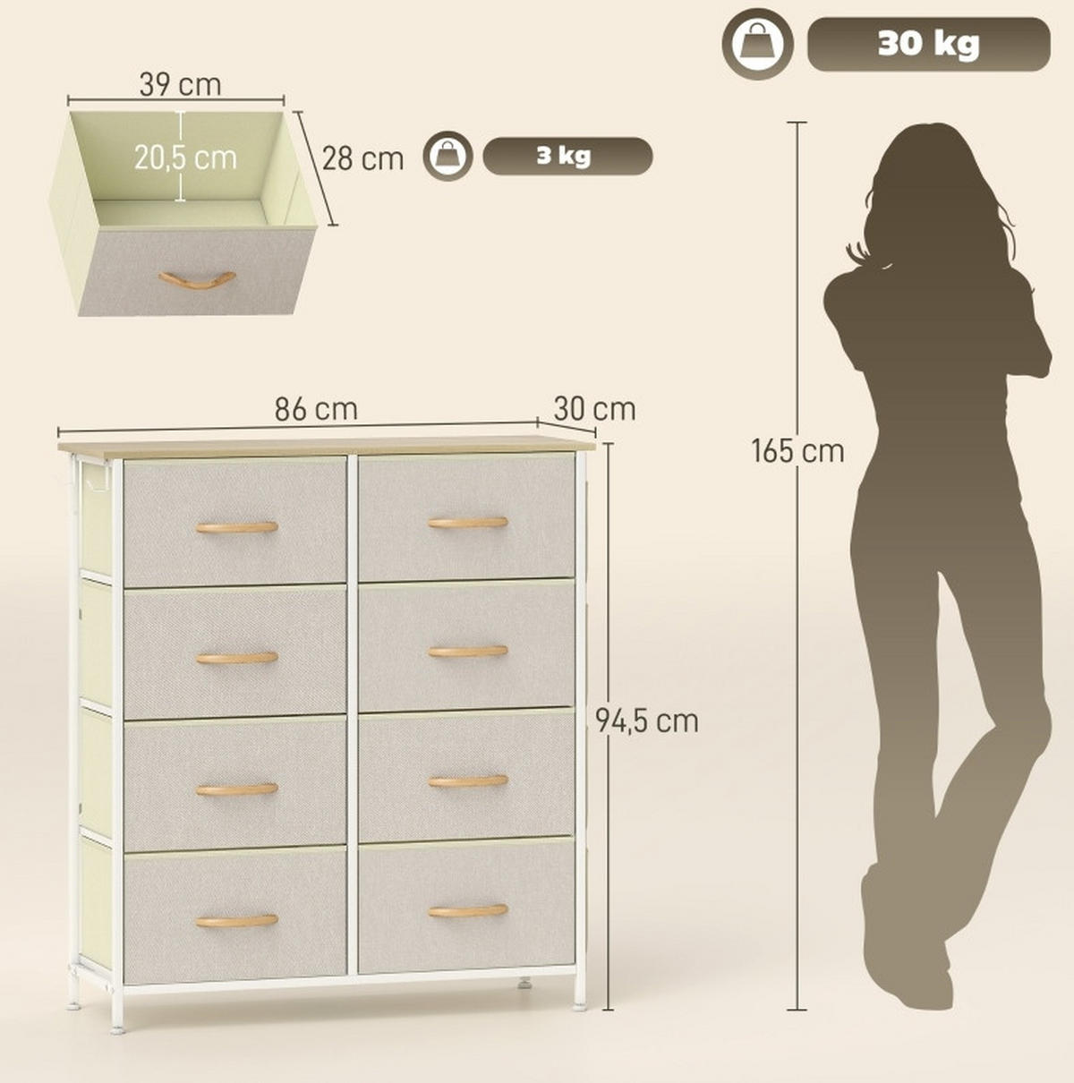 KOMODA z oceli 86x30x94,5 cm béžová s 8 textilními zásuvkami, 4 kapsami a 2 háčky - béžová, kov (86/94.5/30cm) - Modfu