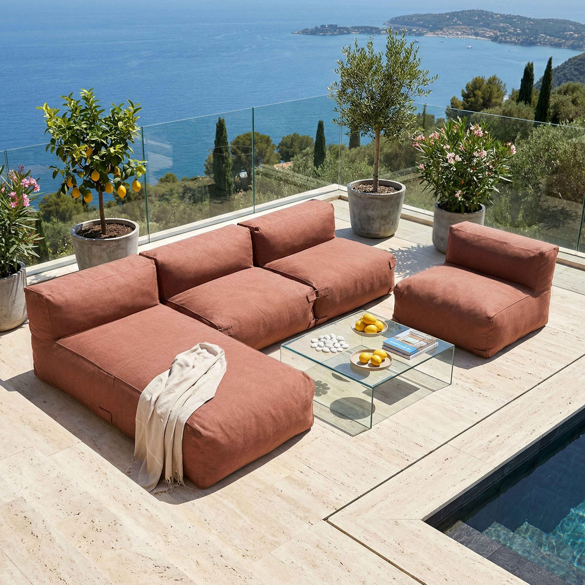 GARTENSOFA mit 4 Sitzplätzen, Terrakotta - Braun, Textil - Oviala