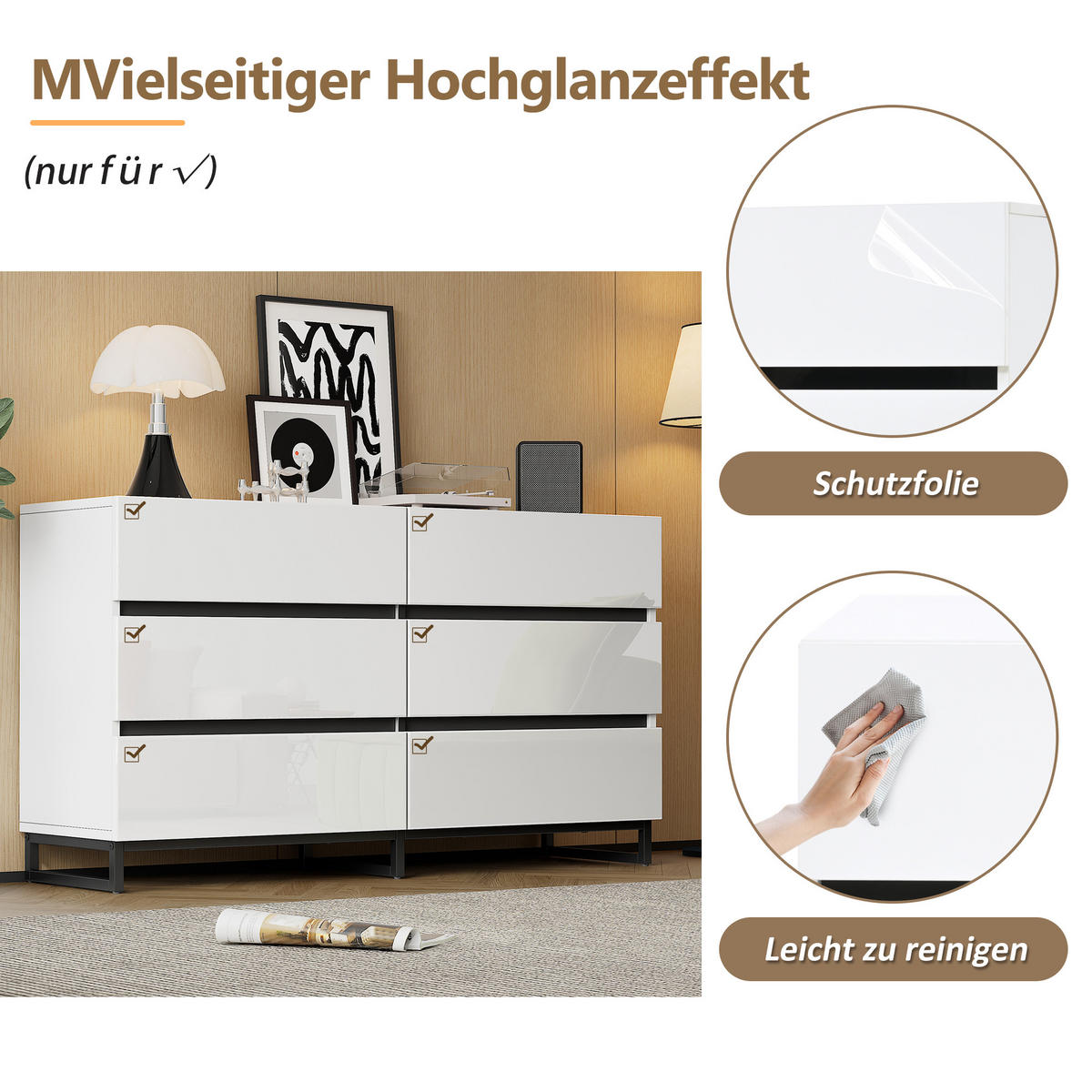 SIDEBOARD, 6 Schubladen, Hochglanz, Weiß/Schwarz, 140x39.5x78.5cm - Weiß, Holzwerkstoff (39.5/78.5/140cm) - FLIEKS