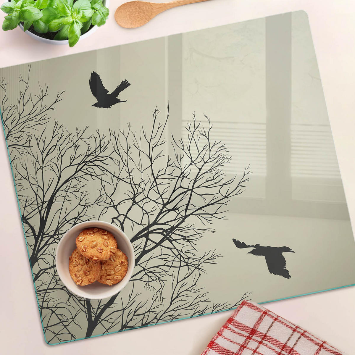 GLASPLATTE 60x52 cm Raben auf einem Baum - Schwarz Hochglanz/Braun, Glas (60/0.4/52cm) - TULUP