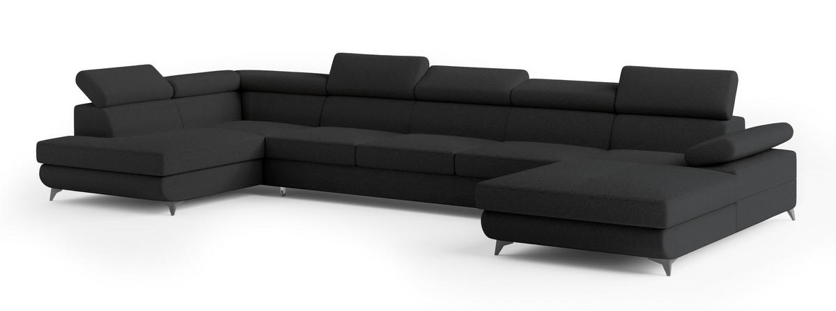 WOHNLANDSCHAFT MONTIVA Schwarz Boucle-Stoff mit Schlaffunktion - Schwarz, Holz (410/89/190cm) - MASSENO