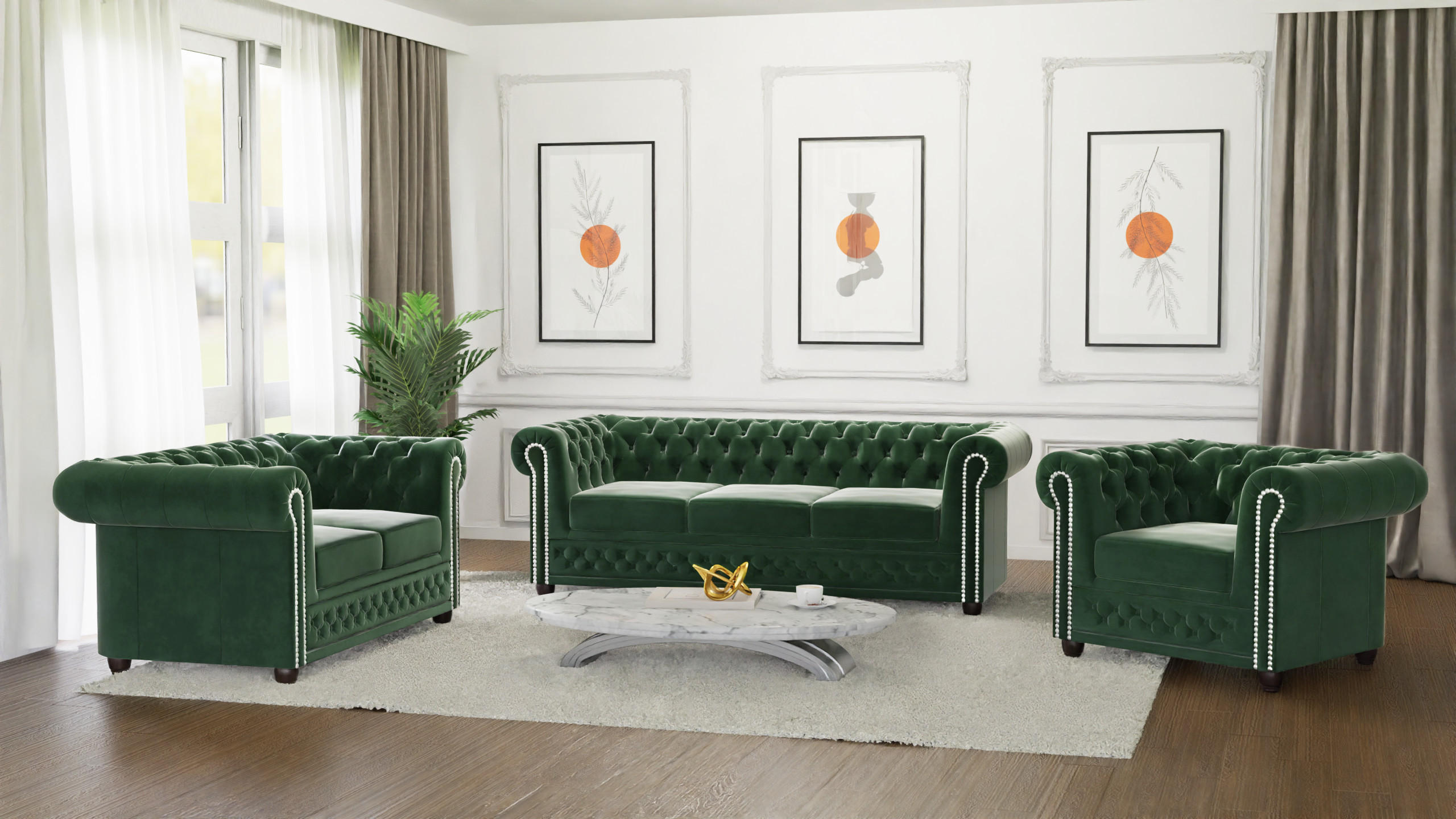 SITZGARNITUR mit Schlaffunktion 3+2+1 Chesterfield Nyx Flasche grün Samt - Smaragdgrün/Braun, Holz/Textil (203/72/86cm) - S-Style Möbel