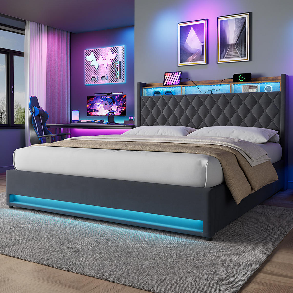 ČALOUNĚNÁ POSTEL 180/200 cm s úložným prostorem a zásuvkou, boxspringová postel s USB a LED osvětlením - šedá, kov/kompozitní dřevo (180/200cm) - STILVORA