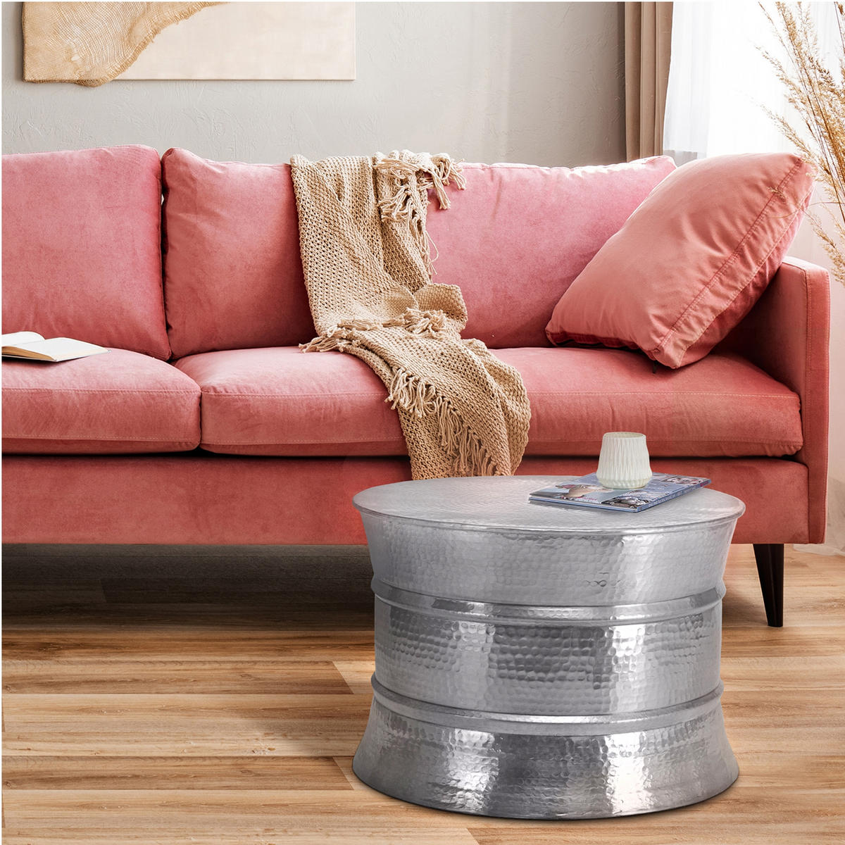 COUCHTISCH rund Ø62x33 cm Silber aus Aluminium Hammerschlag Design - Grau, Metall (62/62/33cm) - WOMO-DESIGN