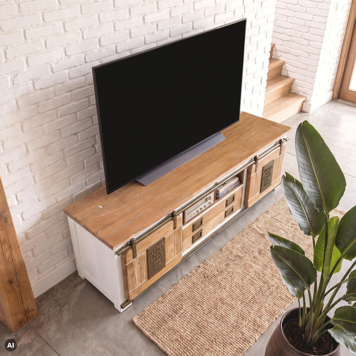 TV-BOARD Mango 180x55x50 weiß lackiert RAILWAY #314 - Weiß, Holz (180/50/55cm) - Massivmoebel24