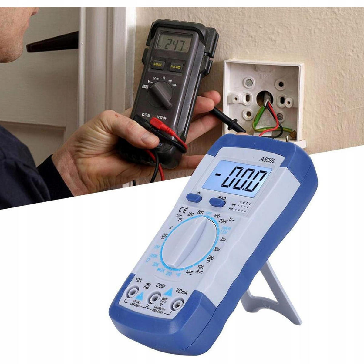 MULTIMETER A830L Digitales Multimeter, LCD, AC/DC V, DCA 10 A, Ω bis 2 MΩ, Diodentest, Durchgang, HFE, Hold, Beleuchtung, 9 V, 140 x 70 x 35 mm - Multicolor, Kunststoff/Metall (10/10/10cm)