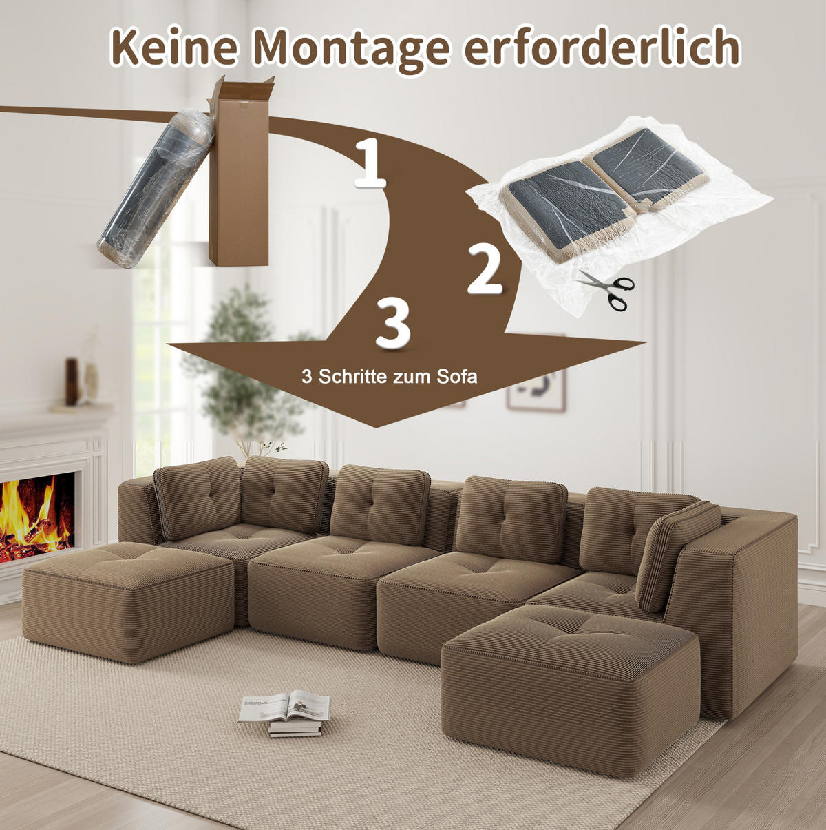 WOHNLANDSCHAFT 386/177/69 cm in Braun aus Cord mit modularem Design - Braun, Textil (177/69/386cm) - Flora Grace