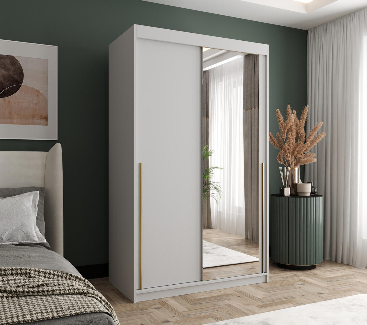 SCHWEBETÜRENSCHRANK mit Spiegel 120 cm Breite, weiß mit goldenem Griff - Goldfarben/Weiß, Holzwerkstoff (250/200/62cm) - Home Collective