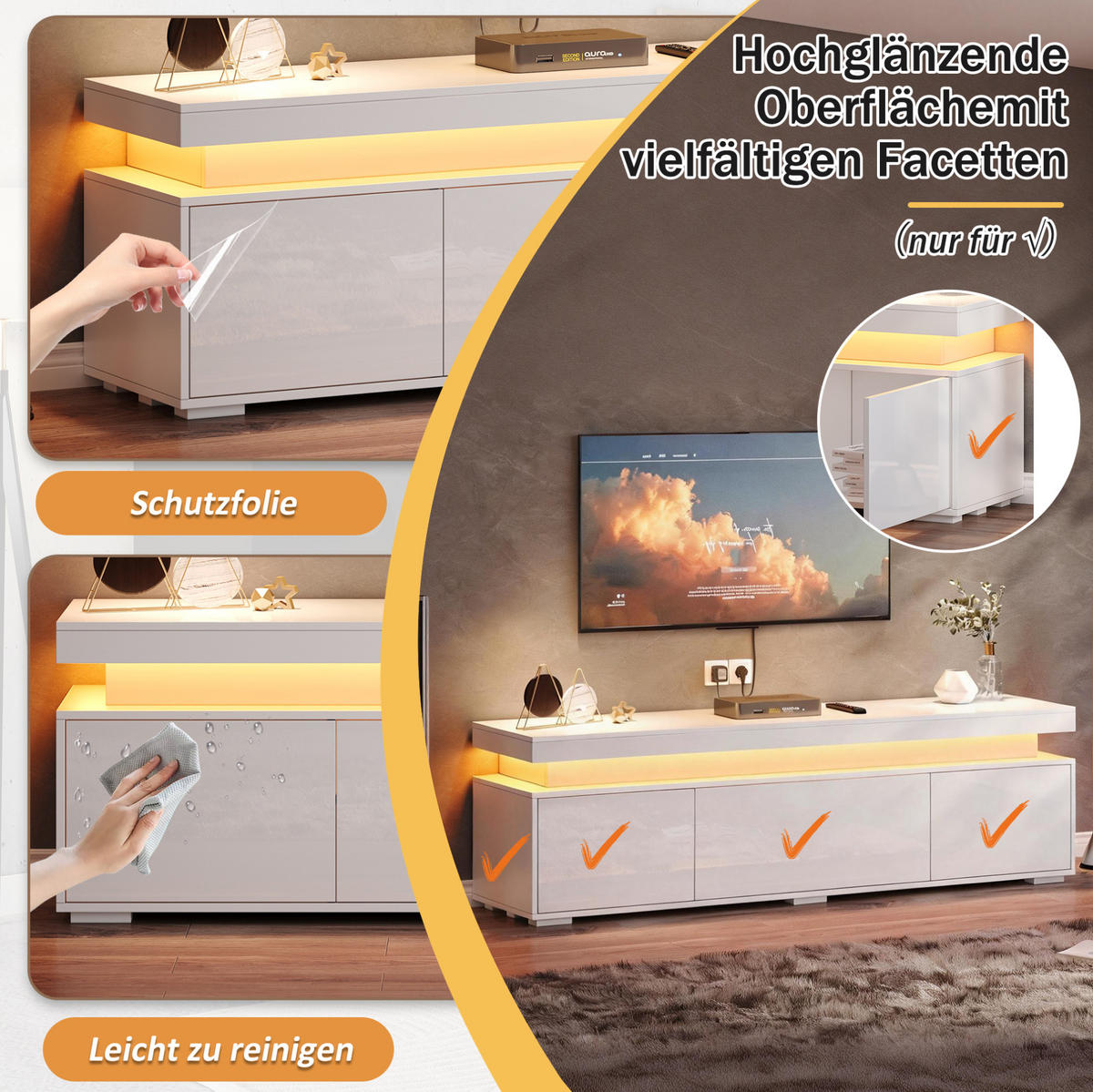 TV stolek z dřevotřísky 150x35x43 cm bílý s LED osvětlením, 3 dvířky a 4 přihrádkami - bílá, kompozitní dřevo (150/43/35cm) - Modfu