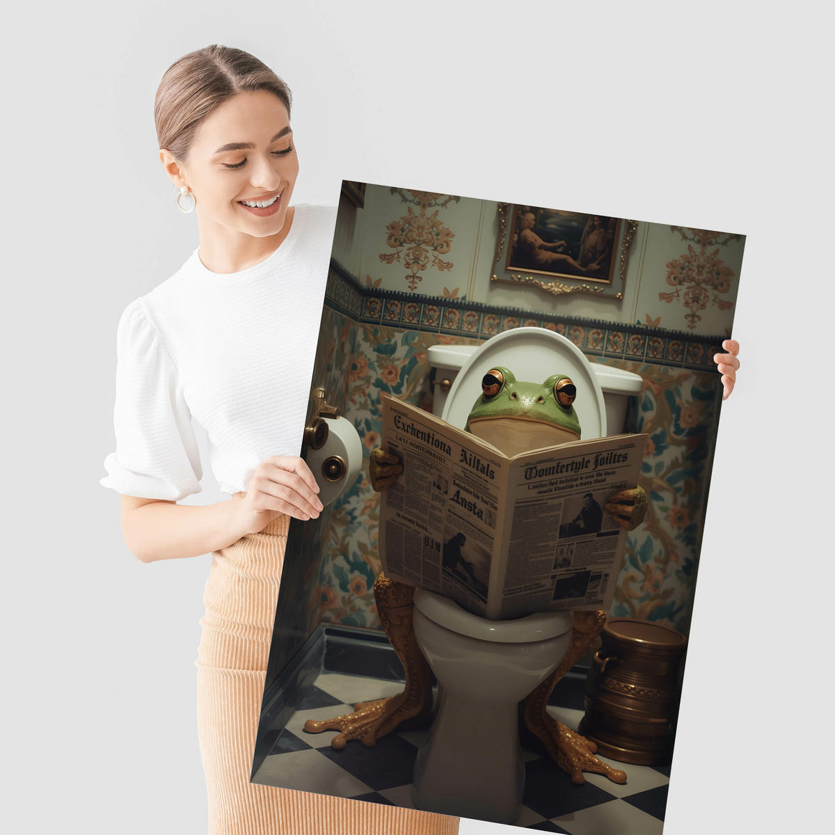 POSTER für WC Badezimmer FROSCH in Toilette Retro Zeitung Abstraktion 50x70cm - Beige/Schwarz, Papier (50/70/70cm) - Muralo