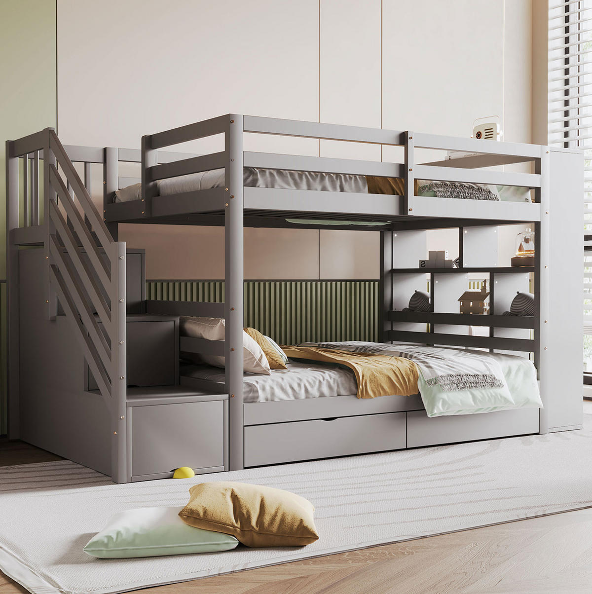 ETAGENBETT 90/200 cm, Grau mit Sicherheitstreppe und Stauraum - Grau, Holz (90/200cm) - MIVRAY