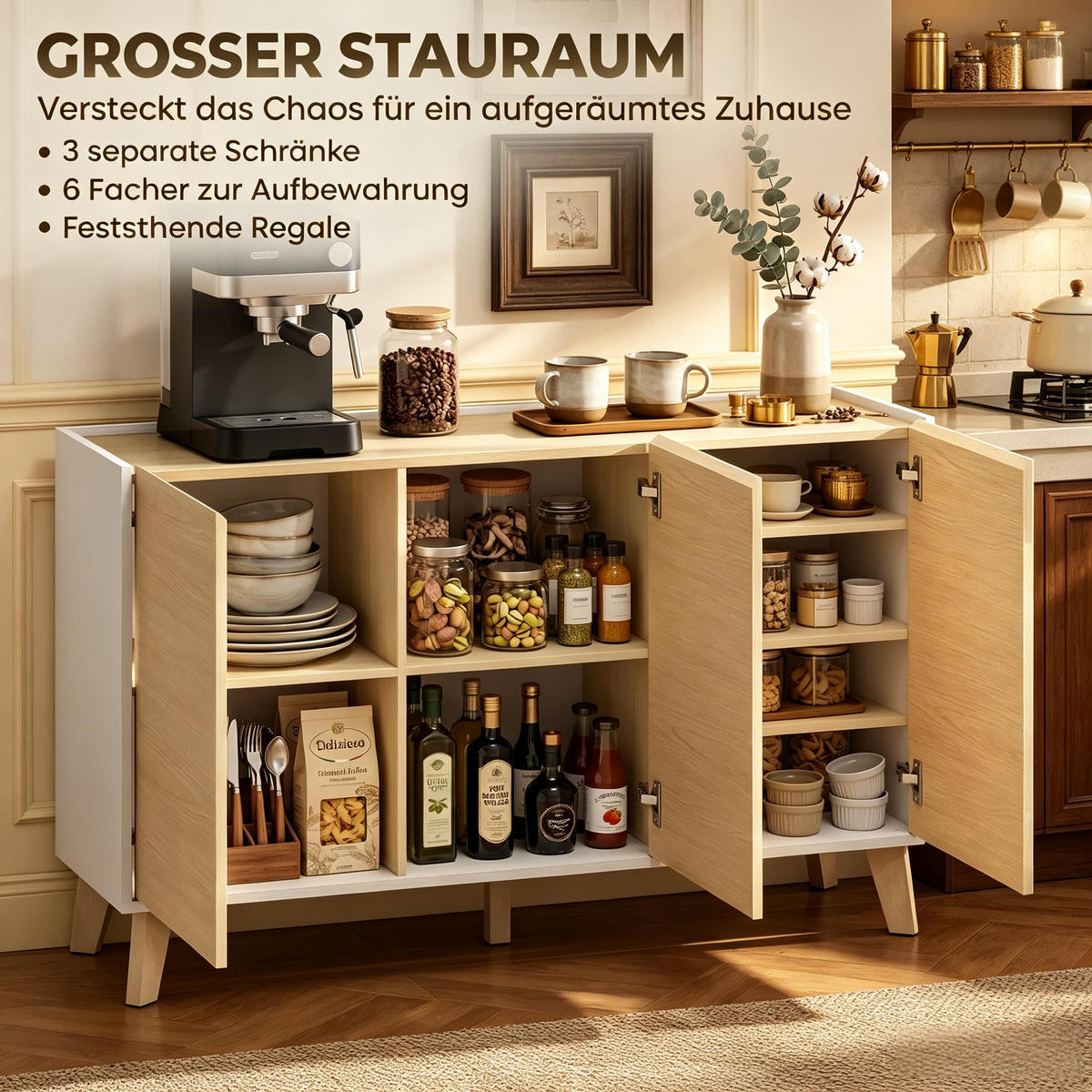BUFFET DE-38815 120/35/73,5 cm 3 Türen und 6 Fächer Naturholz - Naturfarben, Holzwerkstoff (120/73.5/35cm) - ComfortXL