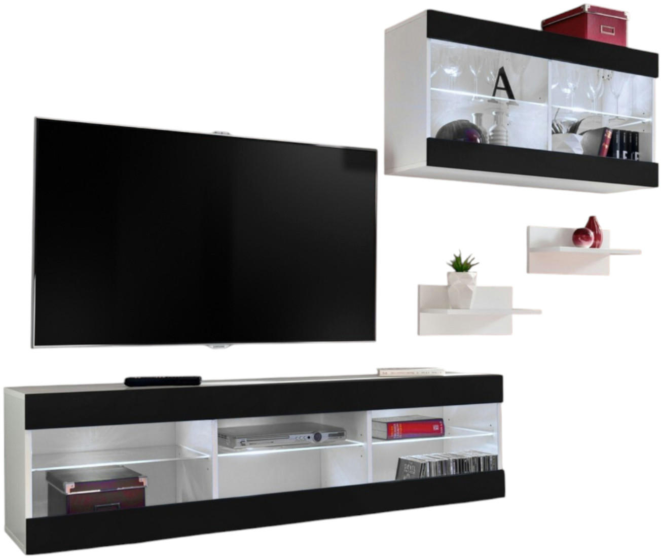 WOHNWAND 4-er Set, TIVOLI SET3 Weiß + Schwarz, Offener Raum - Schwarz, Glas/Holzwerkstoff (240/195/35cm) - Komodee