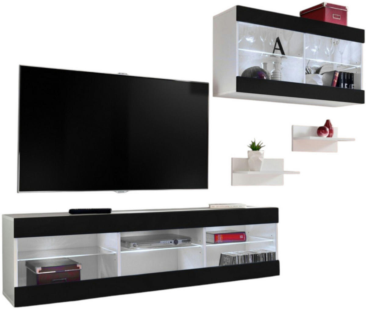 WOHNWAND 4-er Set, TIVOLI SET3 Weiß + Schwarz, Offener Raum - Schwarz, Glas/Holzwerkstoff (240/195/35cm) - Komodee