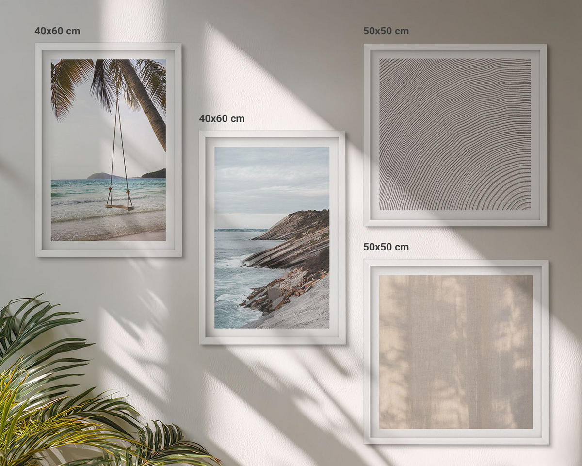 BILDER SET 4er Set - 50x50 cm & 40x60 cm Weißer Rahmen - Sommerlicher Sandstrand mit Meerblick - Weiß, Kunststoff (50/50cm) - TULUP