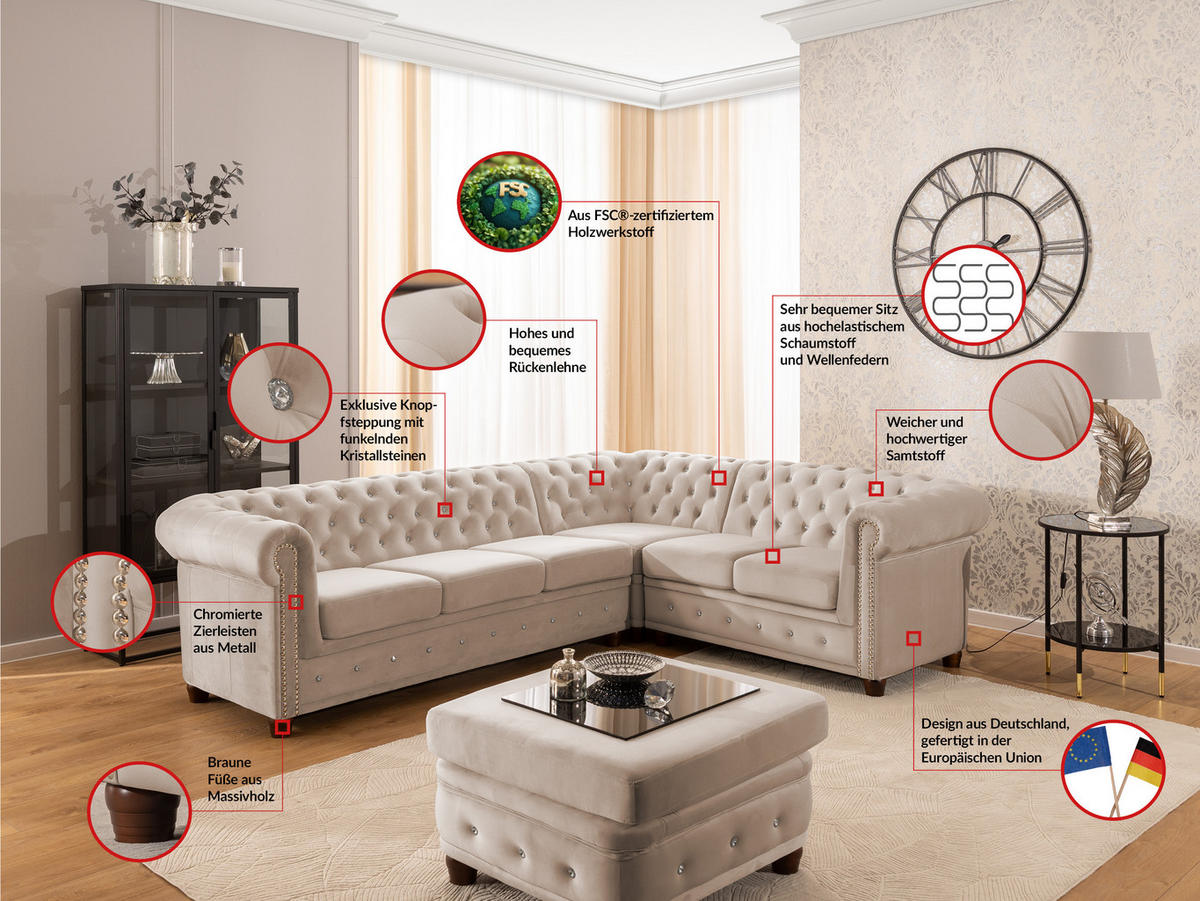 ECKSOFA Chesterfield Cleo Blink Beige Samt mit Kristallsteppung und braunen Massivholzfüßen - Ottomane Rechts - Beige/Braun, Holz/Textil (264/210cm) - S-Style Möbel