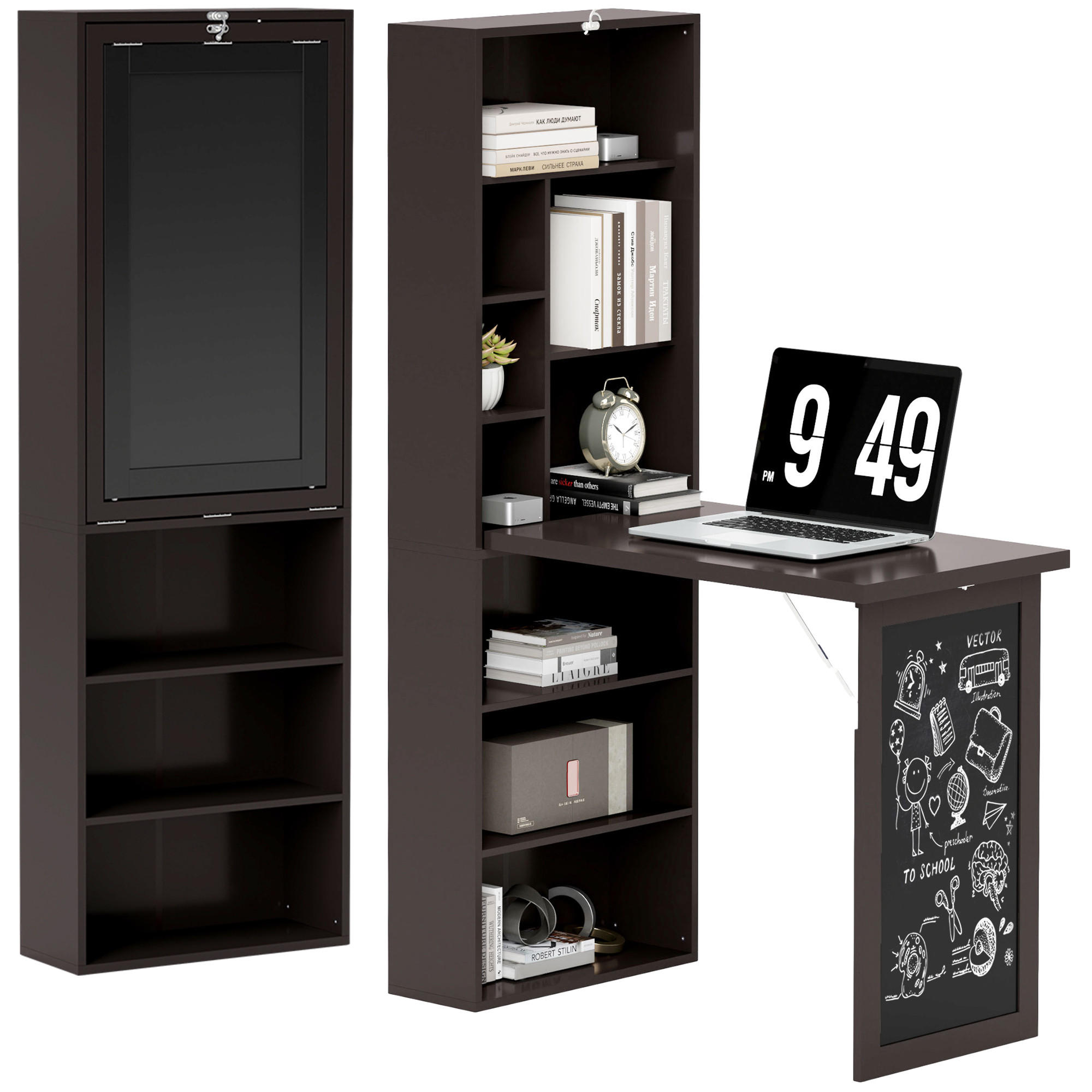SCHREIBTISCH Kieferfarben wandmontiert klappbar mit Regal und Kreidetafel 98/51/153 cm - Braun, Holzwerkstoff (51/98/153cm) - PANGIVO