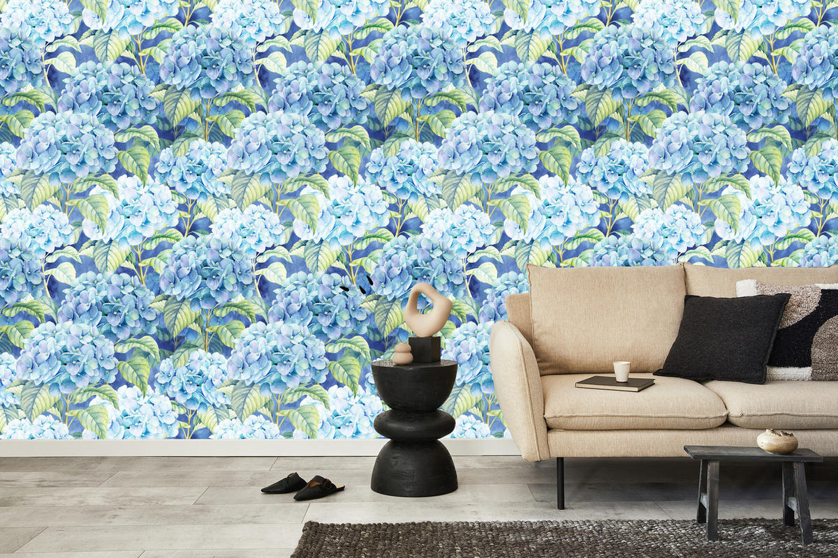 VLIESTAPETE Hortensien und Blätter – Blau, Grün – 50x1000 cm - Blau/Grün, Papier (50/1000cm) - Muralo