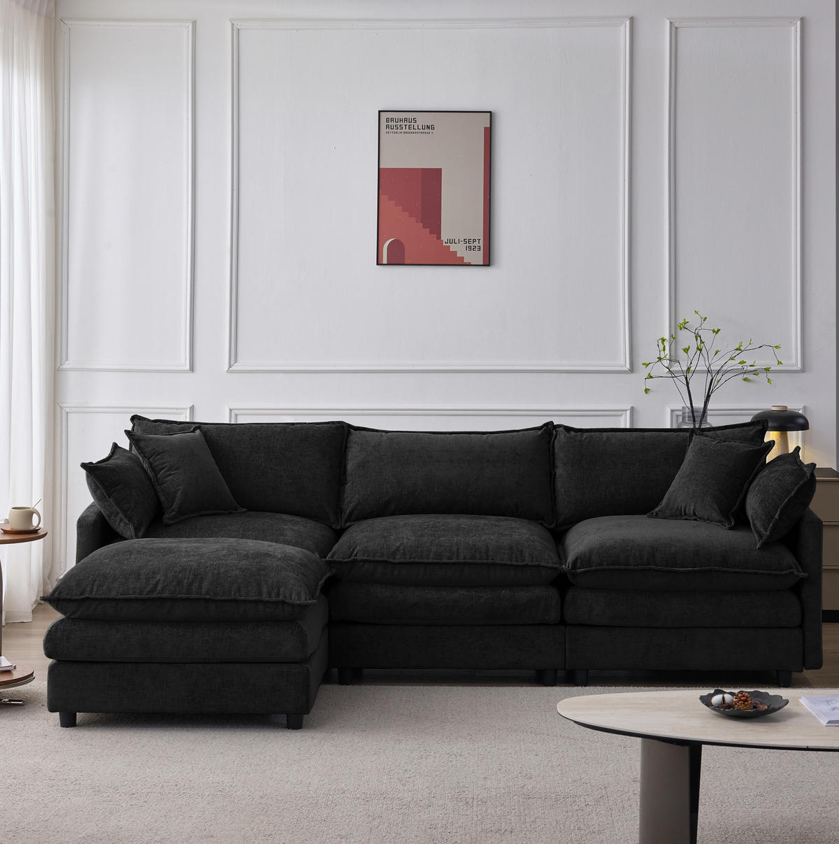 ECKSOFA L-Form 3-Sitzer mit Hocker Chenille Schwarz - Schwarz, Holz (154/267cm) - Meubliv
