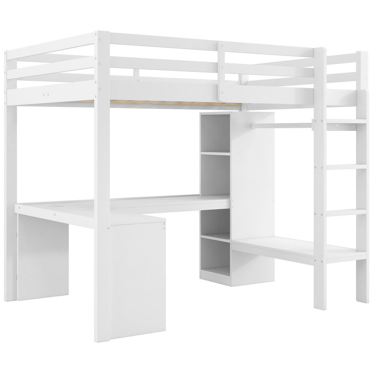 HOCHBETT 140/200 cm, Weiß mit Schreibtisch, LED, USB und Stauraum - Weiß, Holz (140/200cm) - MIVRAY