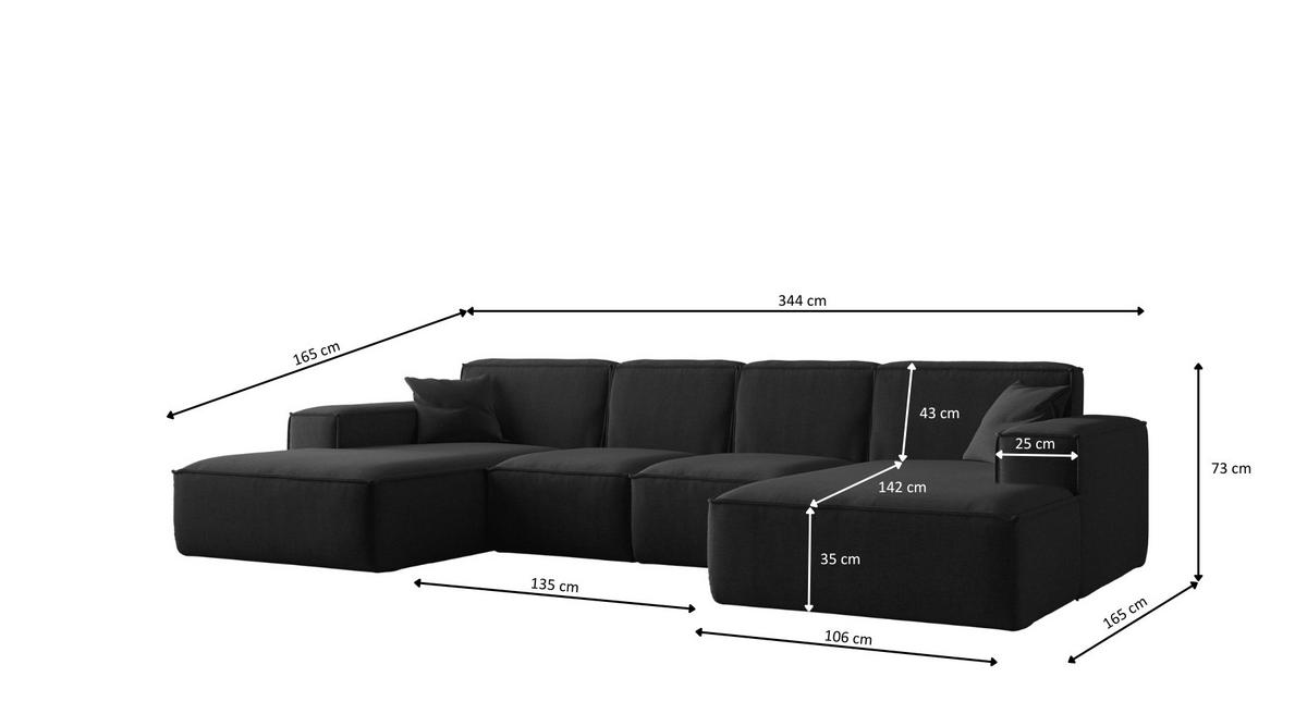 ECKSOFA U-Form Siena mit Stoff Maloy Schwarz - Schwarz, Holz (344/165cm) - Kaiser Möbel
