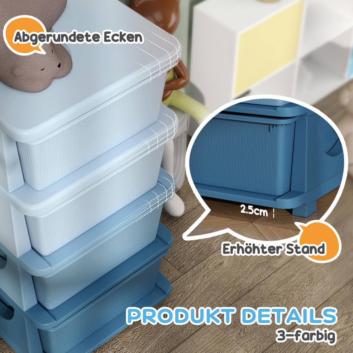 AUFBEWAHRUNGSBOXEN für Kinder, 4 große Schubladen, Kunststoff, Blau - Blau, Kunststoff (37/76/37cm) - HOMCOM