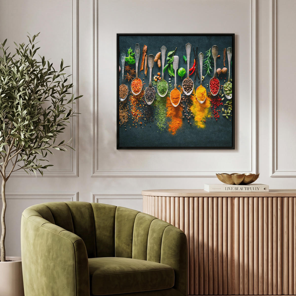 LEINWAND Bilder mit Rahmen - Kräuter - Gewürze - Löffel - 50x50 - Currygelb, Textil (50/50cm) - MuchoWow