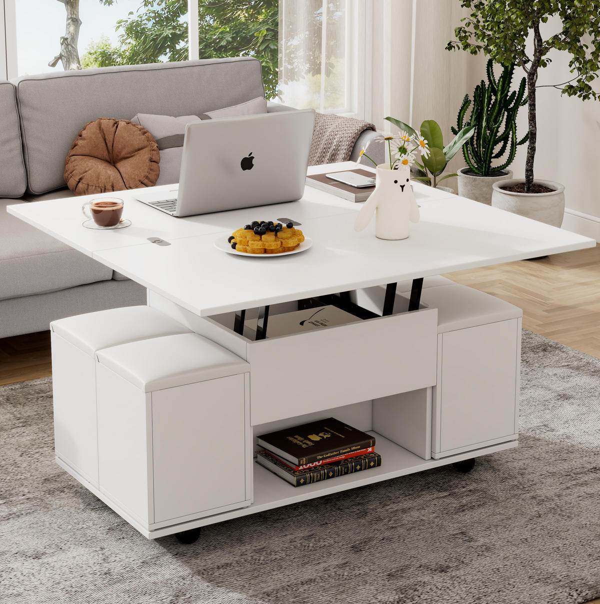 COUCHTISCH höhenverstellbar 100x100 cm Weiß 5-tlg. - Weiß, Holzwerkstoff (100/100/63.5cm) - Meubliv
