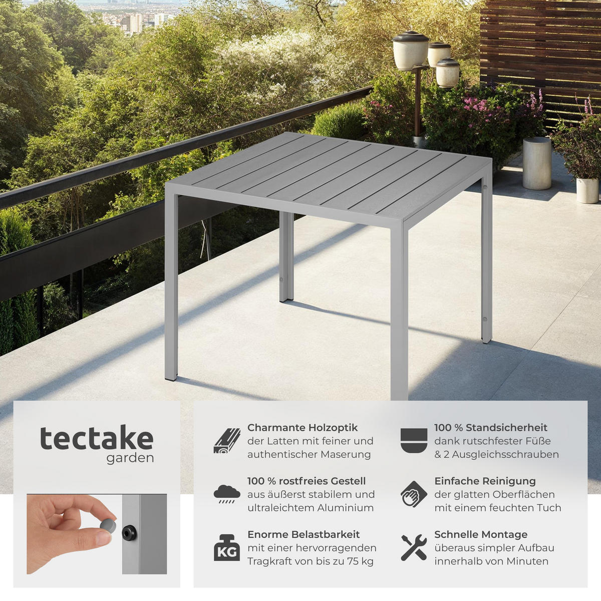 GARTENTISCH Maren,90 x 90 x 74,5 cm,silber - Silberfarben, Metall (90/90/74.5cm) - tectake