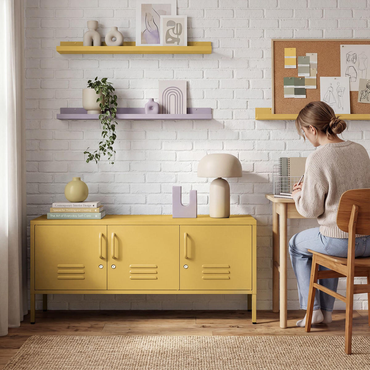 SIDEBOARD Baker, Kippschutz, höhenverstellbare Füße, gelb - Gelb, Metall (120/55.5/37.5cm) - tectake