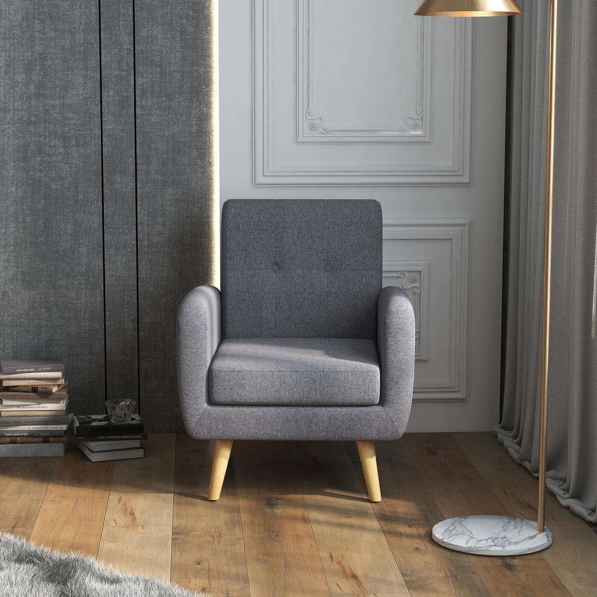 EINZELSESSEL, Leinen, Holz, Hellgrau - Hellgrau, Textil (69.5/86.5/70cm) - HOMCOM