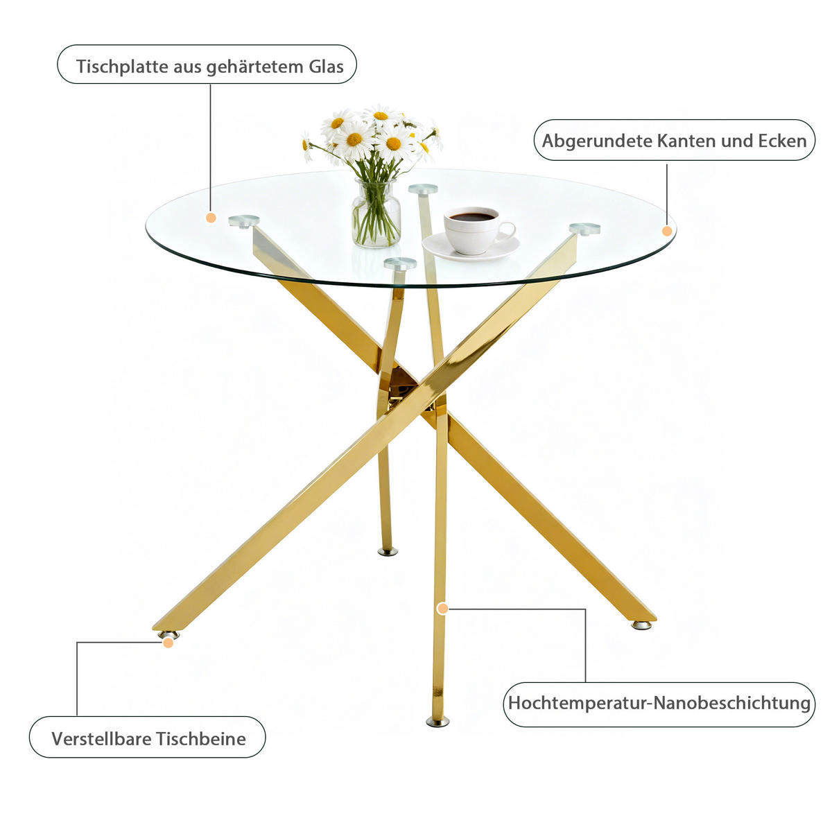 ESSTISCH 80/76/80 cm Gold aus Glas und Metall mit Kreuzfuß - Goldfarben, Metall (80/80/76cm) - OKMYHOME