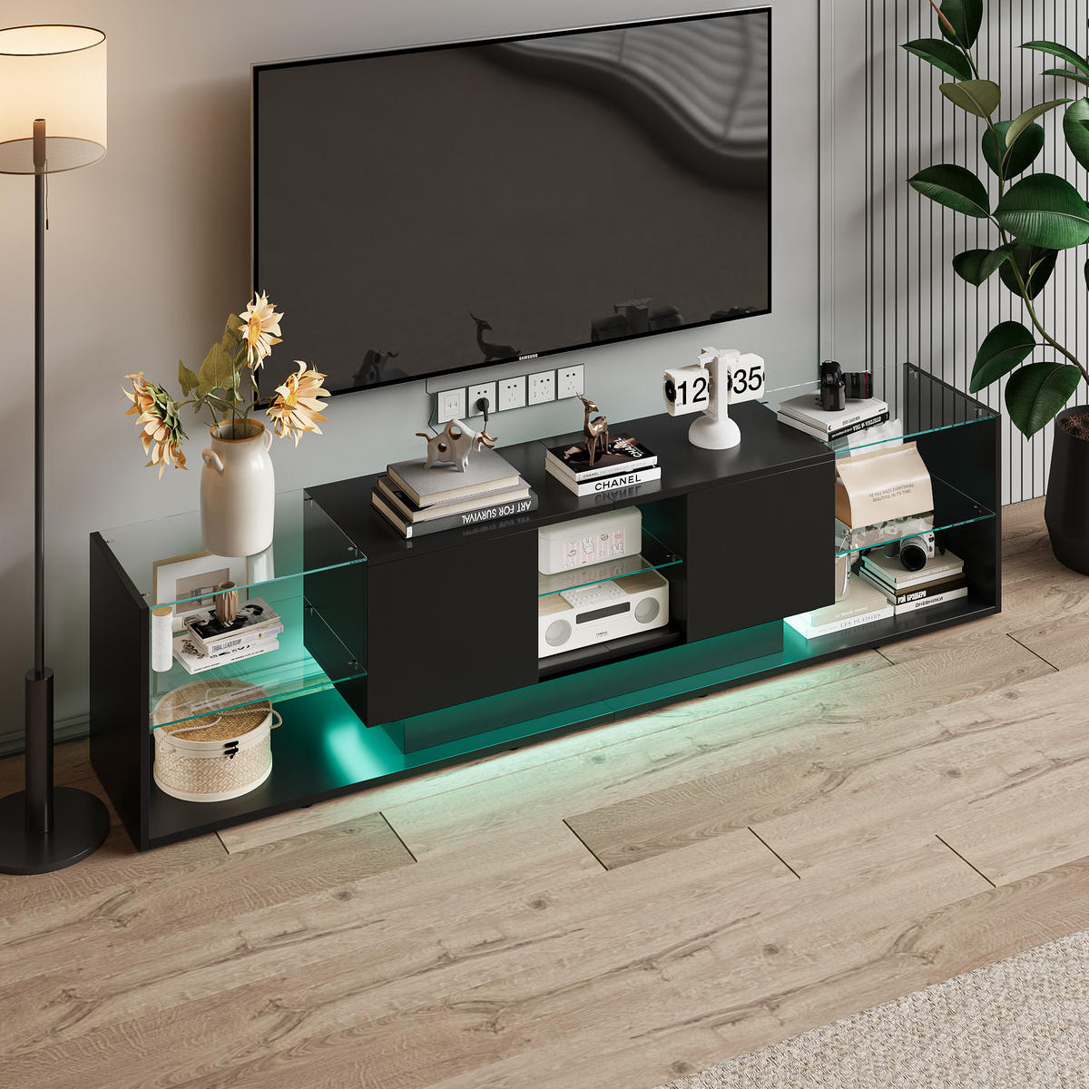 TV LOWBOARD 200x35x45 cm LED Glasablage 2 Schubladen schwarz - Schwarz, Holz (200/45/35cm) - LEBENLANG