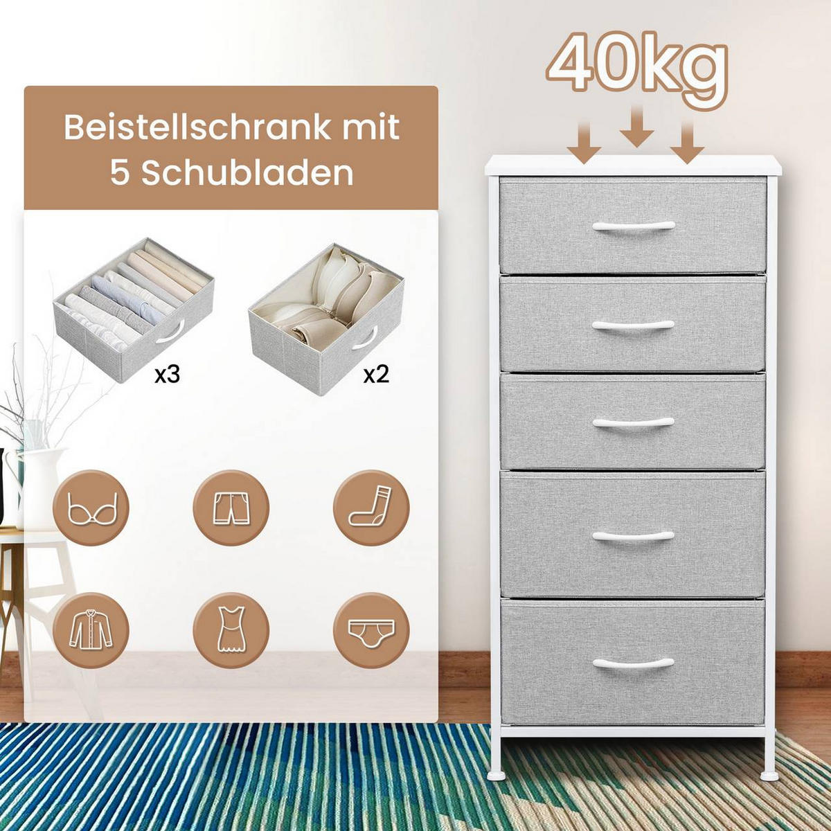 KOMMODE mit 5 Schubladen, aus Holzwerkstoff, Hellgrau - Hellgrau/Weiß, Holzwerkstoff/Textil (45.5/95.5/30cm) - Woltu