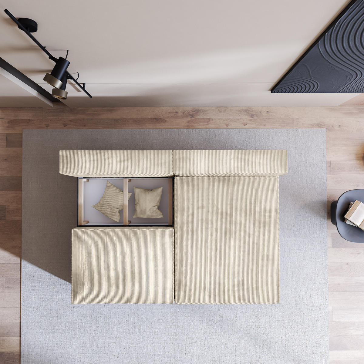 ECKSOFA FIORO P Creme Kordstoff mit Schlaffunktion - Creme/Grau, Holz/Kunststoff (204/148cm) - MASSENO