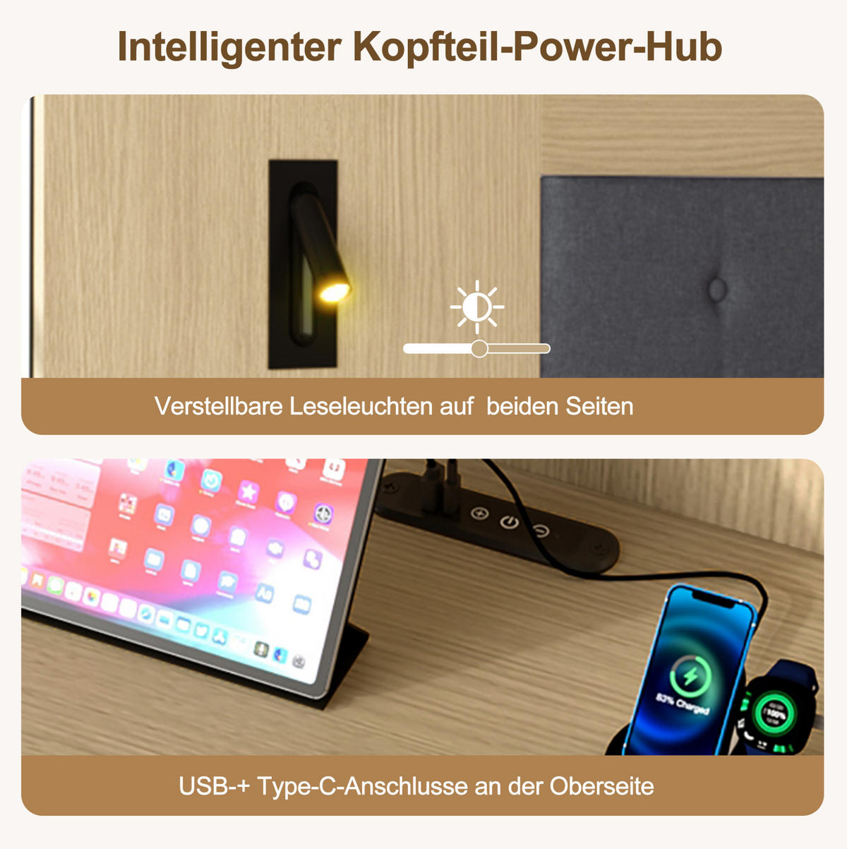 ČALOUNĚNÁ postel 180/200 cm z MDF, světle dubová, se zásuvným úložným prostorem a LED lampou - barva dubu, kompozitní dřevo (180/200cm) - BEAOK