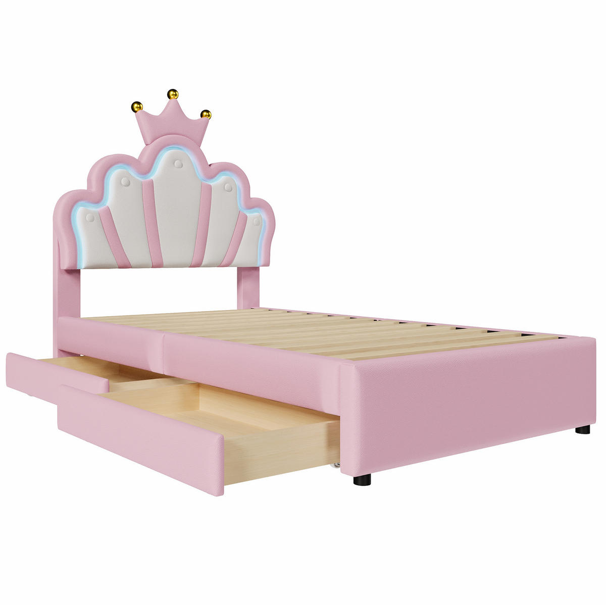 DĚTSKÁ čalouněná postel z PU a MDF 90x200 cm růžová s nastavitelným čelem, LED osvětlením a 2 zásuvkami - růžová, plast (90/200cm) - Modfu