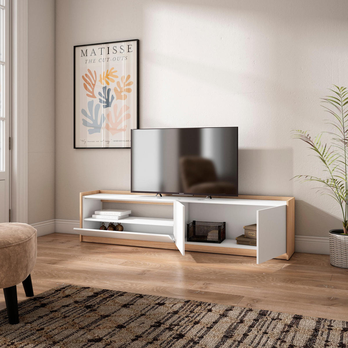 TV-SCHRANK, Lowboard, Weiß und Eiche Soft, 207/37/50cm - Weiß, Holzwerkstoff (207/50/37cm) - Skraut Home