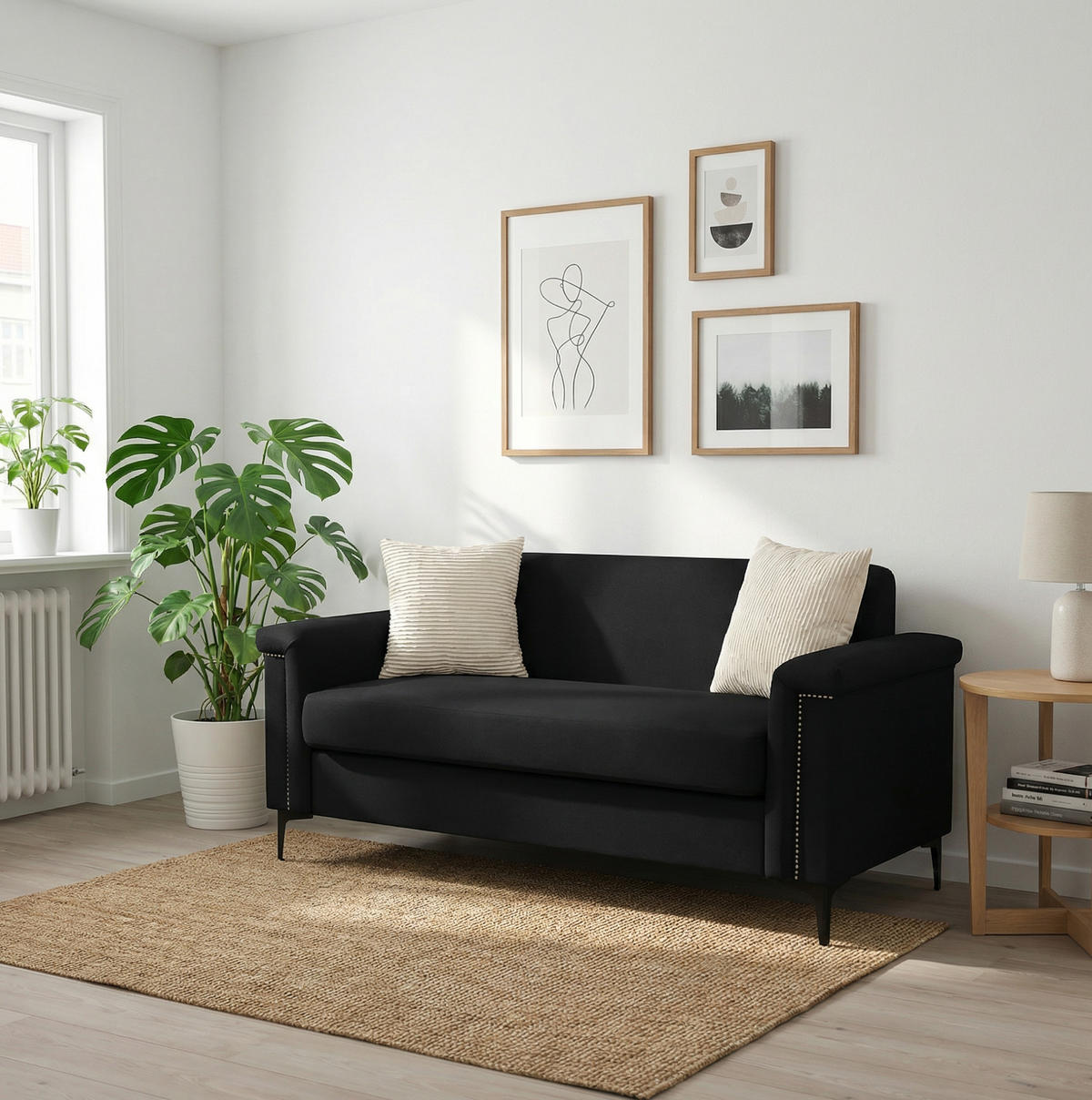 2-SITZER-SOFA aus Sperrholz & Massivholz 172x73.5x81.5 cm in Schwarz mit Federkern - Schwarz, Textil (73.5/81.5/172cm) - Modfu