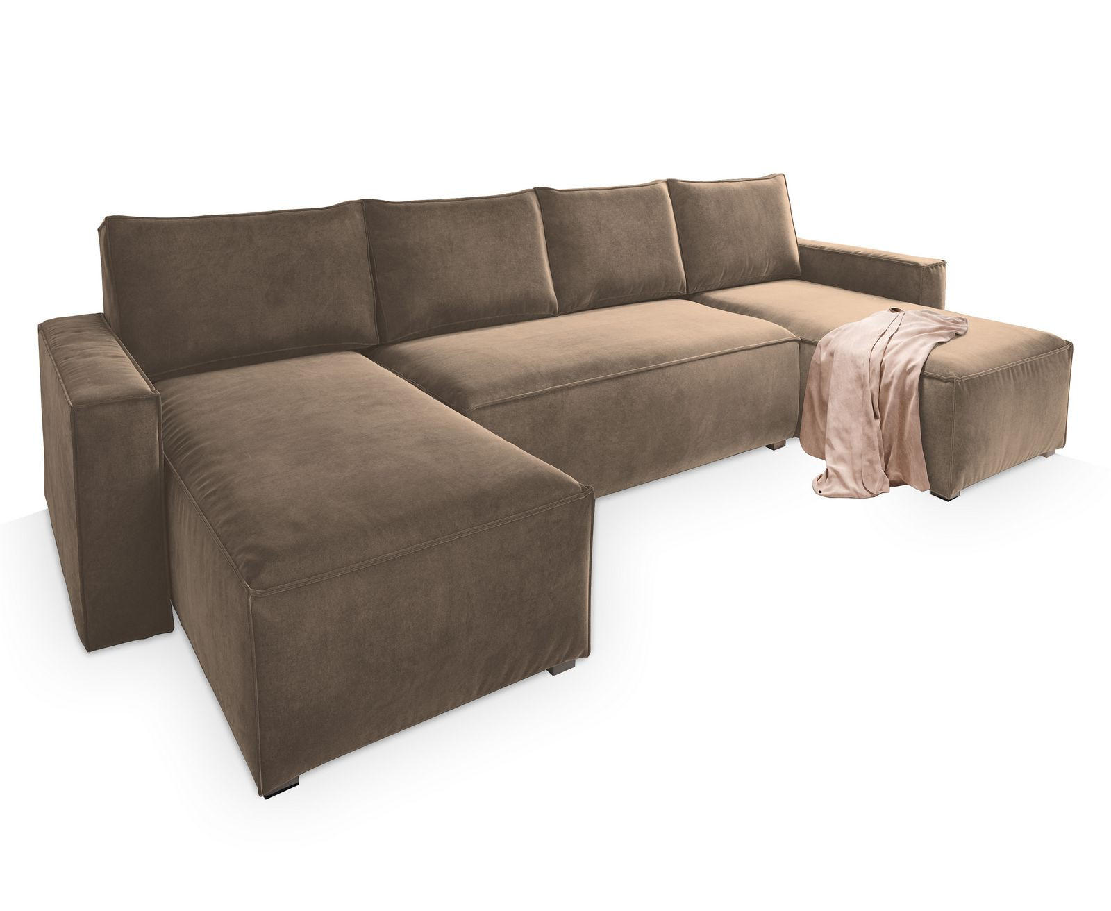 WOHNLANDSCHAFT DENI Beige Velours-Stoff mit Schlaffunktion - Beige, Holz (295/85/140cm) - MASSENO